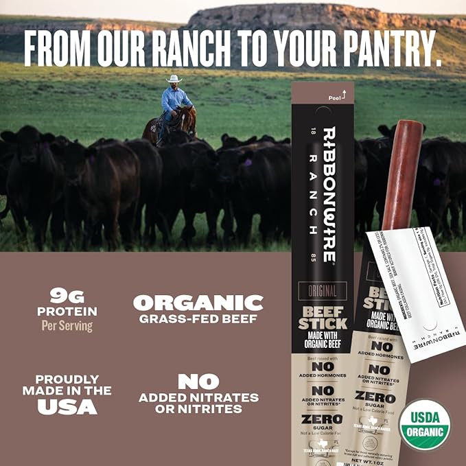 Ribbonwire Ranch Beef Sticks Made with Organic Beef Pasture Raised High Protein Snack Healthy Low Carb Keto Friendly Gluten Free Nitrate Free On the Go 1 Oz Sticks Original Flavor 12 Pack
