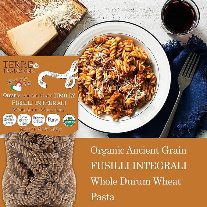 6 PACKS ORGANIC ITALIAN WHOLE DURUM WHEAT FUSILLI PASTA – Sicilian Ancient Grain Timilia Vegan Pasta Crafted in Italy. LOW-GLUTEN INDEX. Has 6X More Fiber and Protein than Popular Grains. Al dente tex