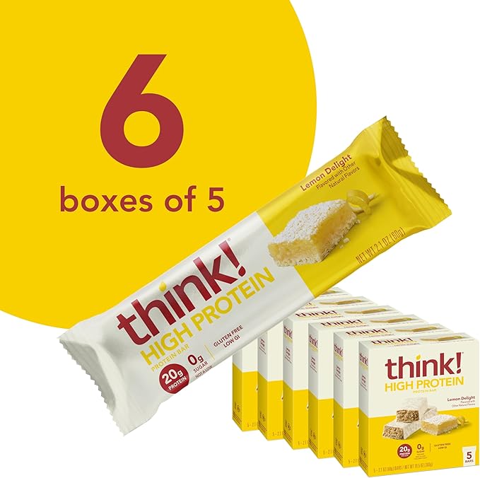 think! Protein Bars High Protein Snacks Gluten Free Sugar Free Energy Bar with Whey Protein Isolate Lemon Delight Nutrition Bars without Artificial Sweeteners 2.1 Oz (30 Count)