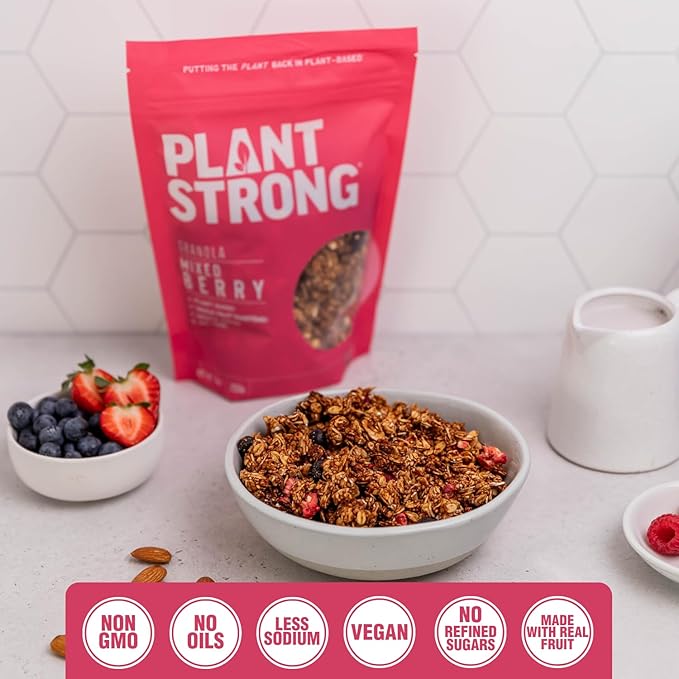 PLANTSTRONG Crispy Mixed Berry Crumble Granola – Whole Grain Oil-Free Granola with Blueberries &amp Raspberries Sweetened Only with Dates Made from Whole Plants Crunchy Breakfast or Snack (4-Pack