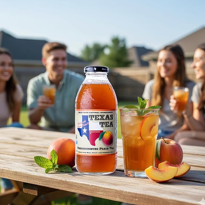 Texas Tea Fredericksburg Peach Tea – Organic Black Tea with Real Texas Peaches NON-GMO Small-Batch Brewed 12-Pack of 16 FL Oz Glass Bottles Refreshing Southern Sweet Peach Iced Tea