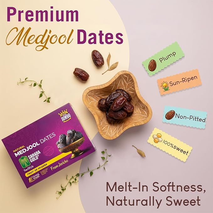 Sahara Gold Medjool Dates - Whole Sticky Gluten-Free Natural Sweet &amp Delicious Non-Pitted Dates Medjool - Soft Plump High Fiber Fruit For Ramadan Snacking &amp Smoothies 4.4 Lb (2kg)
