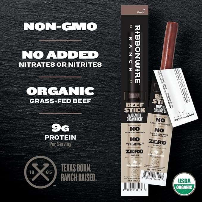 Ribbonwire Ranch Beef Sticks Made with Organic Beef Pasture Raised High Protein Snack Healthy Low Carb Keto Friendly Gluten Free Nitrate Free On the Go 1 Oz Sticks Original Flavor 12 Pack