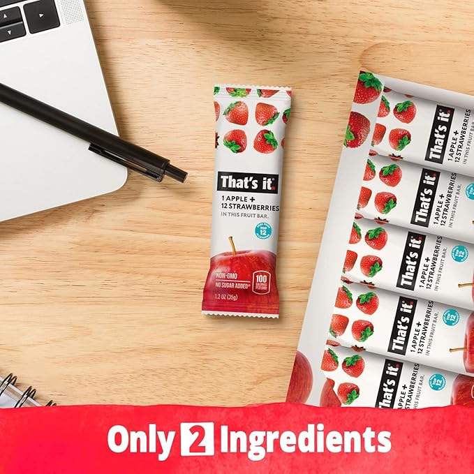 That's it. Apple + Strawberry 100% Natural Real Fruit Bar Best High Fiber Vegan Gluten Free Healthy Snack Paleo for Children &amp Adults Non GMO No Sugar Added No Preservatives Energy Food (12 P