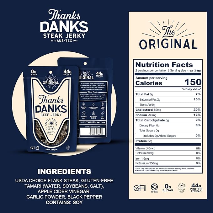 Thanks Danks - The Original - Small Batch Grass-Fed Steak Jerky - Sugar Free Gluten Free Nitrate Free - Guilt-Free Protein Snack - 57g (3 Pack)