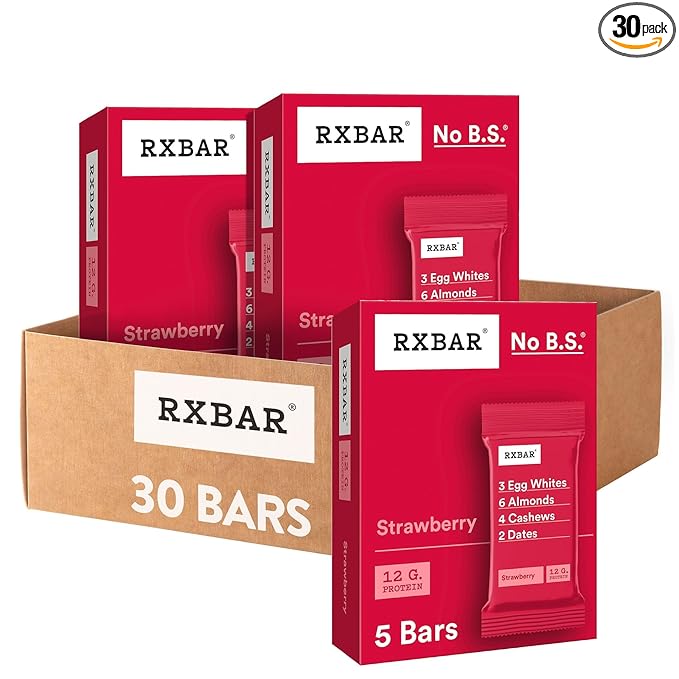 RXBAR Protein Bars 12g Protein Gluten Free Snacks Strawberry (6 Boxes 30 Bars)