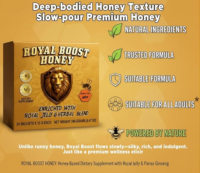 Royal Boost Honey - Apple Infused Linden Tree Honey with Royal Jelly &amp Panax Ginseng - 24 Sachets x 10g Each | On-the-go Snack | Individually Sealed Honey Packs - Smooth Natural Sweetness for Tea