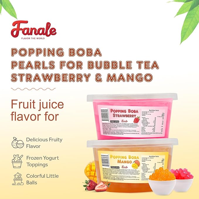 Fanale Strawberry Mango Popping Boba Pearls Vegan Non GMO Gluten Free Fat Free Perfect for Bubble Tea Smoothies Ice Cream Desserts and Beverage 2 lb (1 lb X 2).