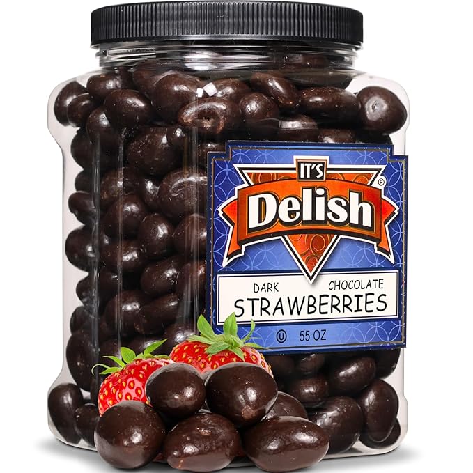 Dark Chocolate Covered Dried Strawberries by It's Delish 55 OZ Jumbo Container | Gourmet Dark Chocolate Covered Strawberry Fruit Snacks Bulk Chocolate Candy | Vegan Kosher