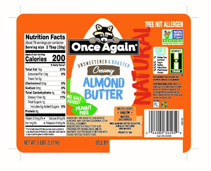 Once Again Natural Creamy Almond Butter 5lb Pantry Pal (same as 5 jars) - Roasted - Salt Free Unsweetened - Gluten Free Certified Peanut Free Vegan Kosher Paleo