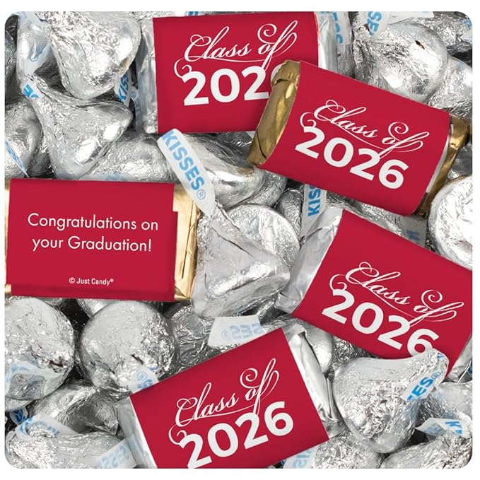 124 Pcs Red Graduation Candy Party Favors Red Wrapped Miniatures and Silver Kisses by Just Candy (1.52 lbs approx. 124 Pcs)