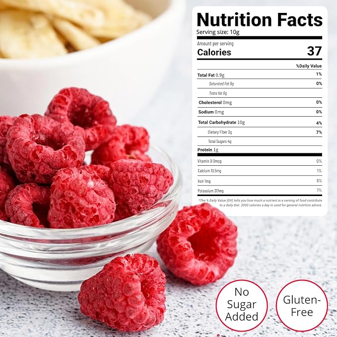 Freeze Dried Whole Raspberries 3.53oz (100g) – 100% Natural No Sugar Added | Crunchy Whole Berry Snack for Baking Yogurt &amp Smoothies | Large Resealable Jar
