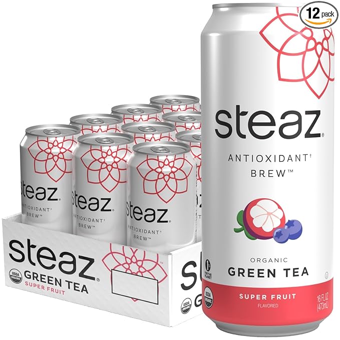 Steaz - Organic Green Tea - Superfruit (12 Pack) - Antioxidant Brew - 65mg Natural Caffeine 90 Calories Vitamin C - Cane Sugar Sweetened Iced Tea - Vegan Fair Trade - 12 Cans 16 fl oz (473mL)