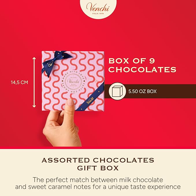 Venchi - Giftbox with 9 Milk Chocolate BacioDiDama and Caramel Pannacotta Pralines 5.5 Oz Gluten-Free No Artificial Colours and Preservatives Mother's Day Gift Idea