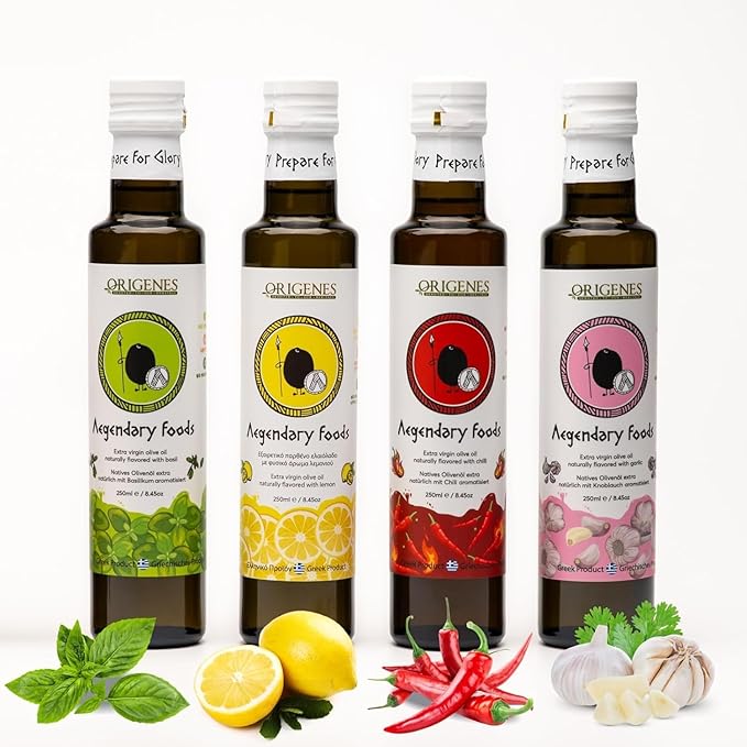 Pack of 4 Extra Virgin Flavored Olive Oil - Garlic Chili Lemon &amp Basil Infused EVOO - Cold Pressed Polyphenol Rich EVOO Intense Flavor Olive Oil Extra Virgin from Laconia 4X250ml