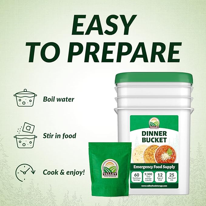Valley Food Storage 60 Serving Dinner Bucket | Premium Emergency Food Supply with 25 Year Shelf Life | Non-GMO Survival Food Prepper Meals Camping &amp Off-Grid Living Supplies | Packaged in USA