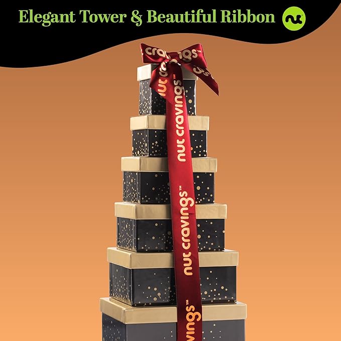 NUT CRAVINGS - Easter Dried Fruit &amp Mixed Nuts Gift Basket Black Tower + Heart Ribbon (12 Assortments) Ramadan Gifts Food Arrangement Healthy Snack Care Package Kosher