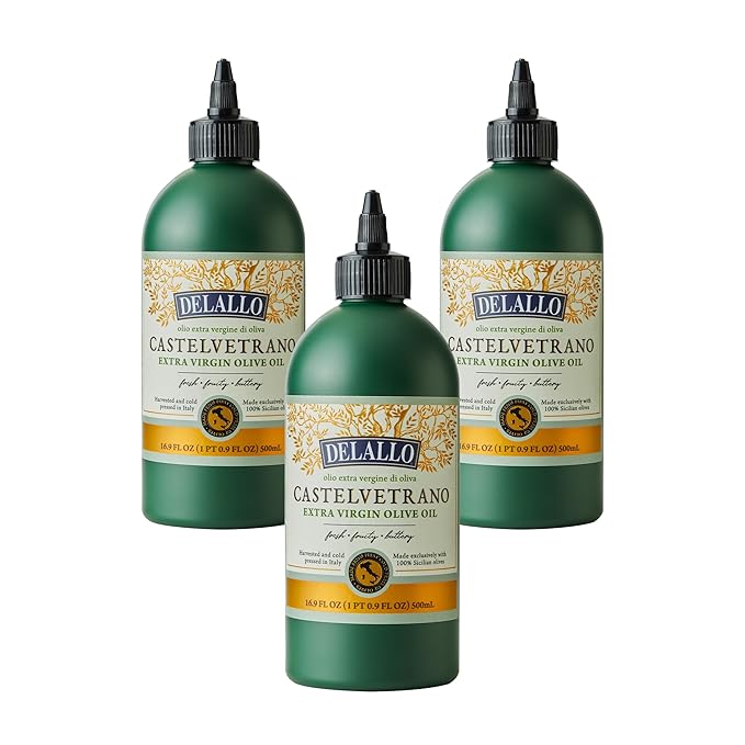 DeLallo Castelvetrano Extra Virgin Olive Oil 16.9 Ounce Squeeze Bottle (3 Pack) Made in Italy Made with 100% Sicilian Olives For Cooking and Drizzling All Natural Non-GMO