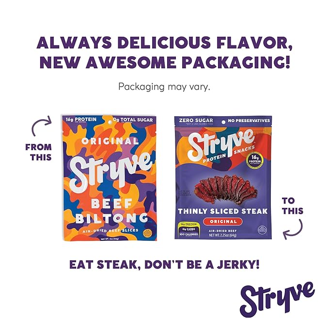 Stryve - Better Than Jerky Steak Snacks Protein Rich Beef Biltong | 36g Protein Sugar Free Carbs Free Gluten Free Dairy Free Keto &amp Paleo Friendly | Original Pack Of 4