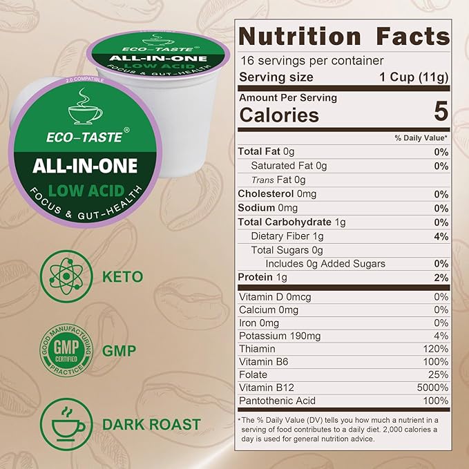 Mushroom Coffee K Cup Low Acid - Single Origin – Focus &amp Gut-Health with 14-Mushrooms Vitamins L-Theanine and Alpha GPC Single Serve Pods - No Crash or Jitters 16 Count