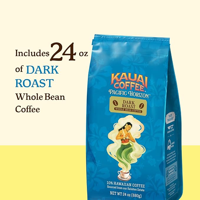 Kauai Coffee Whole Bean Coffee – Smooth Non-Bitter Pure Arabica – Nutty Notes and Sweet Chocolate Overtones – Grown on Hawaii's Largest Coffee Farm – Koloa Estate Dark Roast 1 Pack of 24oz