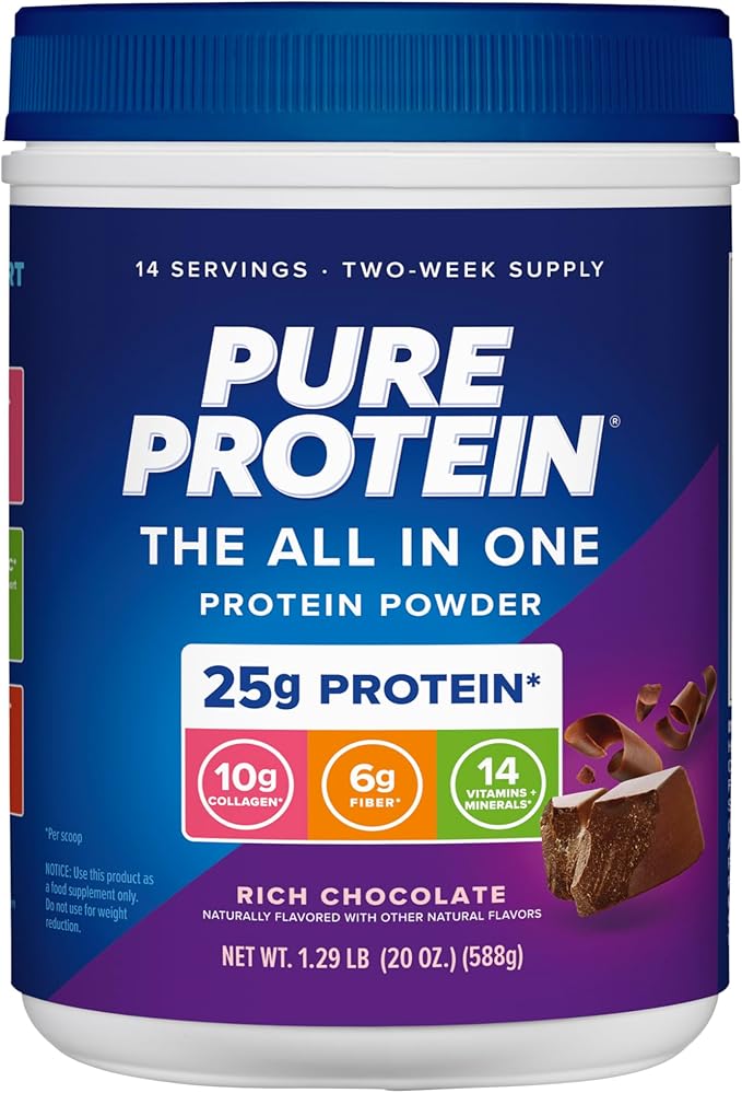 Pure Protein All-In-One Powder Rich Chocolate - Whey &amp Collagen High Fiber Vitamins No Added Sugar Non-GMO Gluten-Free 1.25lb