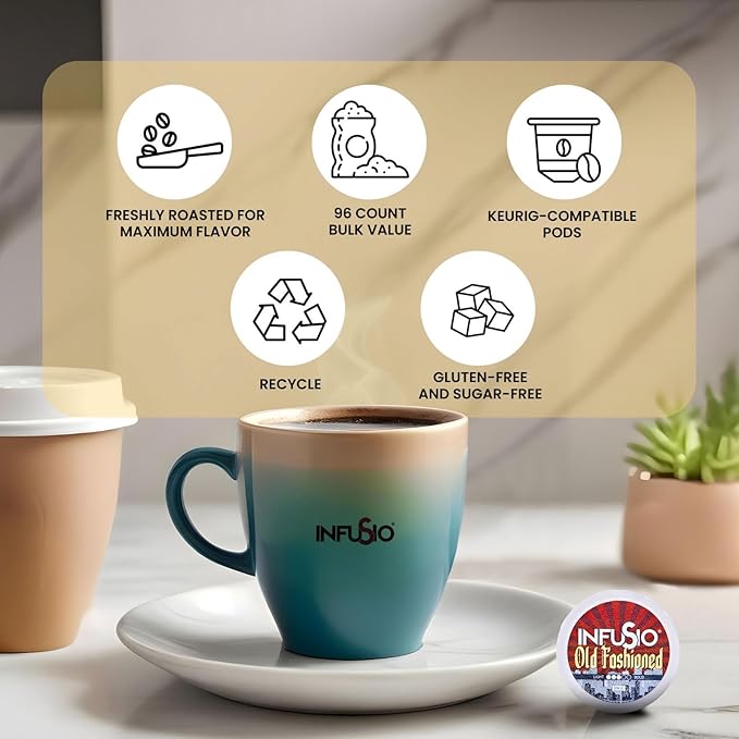 InfuSio Coffee Pods 96 Count Old Fashioned Flavored Medium Roast Single serve Coffee pods for Keurig K Cups Brewers - InfuSio Premium Roasted Keurig 2.0 Compatible