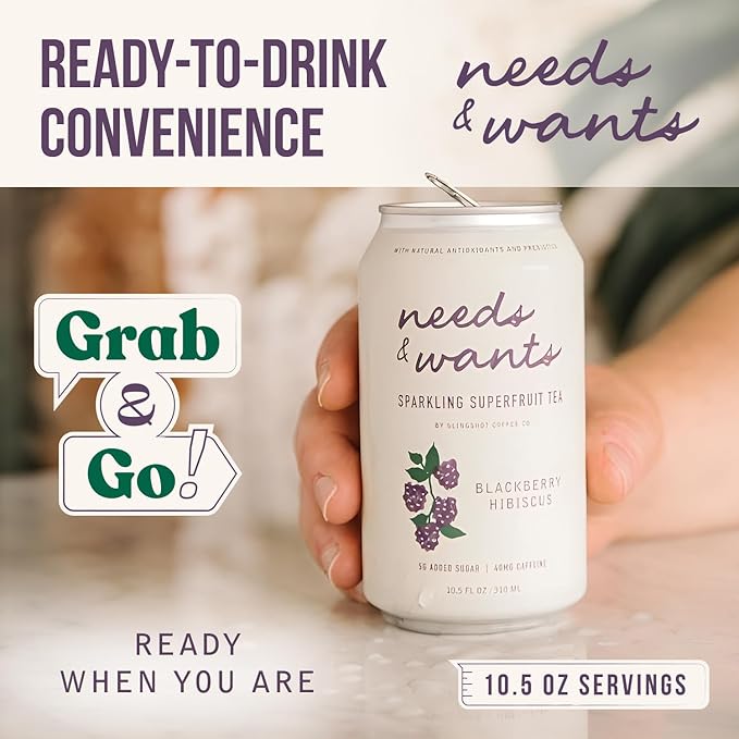 Needs &amp Wants Sparkling Tea - Blackberry Hibiscus 10.5oz Cans (12 Pack) | Organic Superfruit Tea with Cascara Blackberry Juice &amp Hibiscus Lightly Sweet with Notes of Vanilla &amp Cinnamon