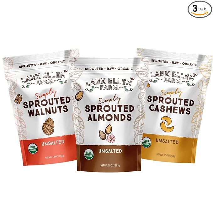 Lark Ellen Farm Sprouted Organic Nuts Variety Pack – Almonds Walnuts &amp Cashews – Raw Vegan Gluten-Free Non-GMO Clean Label Snacks (1 Bag Each 10 oz)