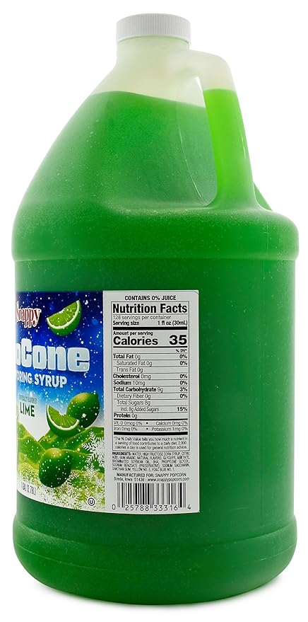 Snappy Lime Sno Cone Syrup 1 Gallon (128 ounces) Size Ready to Use For Snow Cone Machines Flavored Syrup for Shaved Ice 14 Snow Cone Flavor Options
