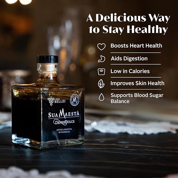 Bellei Rich &amp Thick Italian Balsamic Condiment with Cooked Grape Must Wine Vinegar &amp Balsamic of Modena Light Acidity Sua Maestà Denso Dolce – 250ml