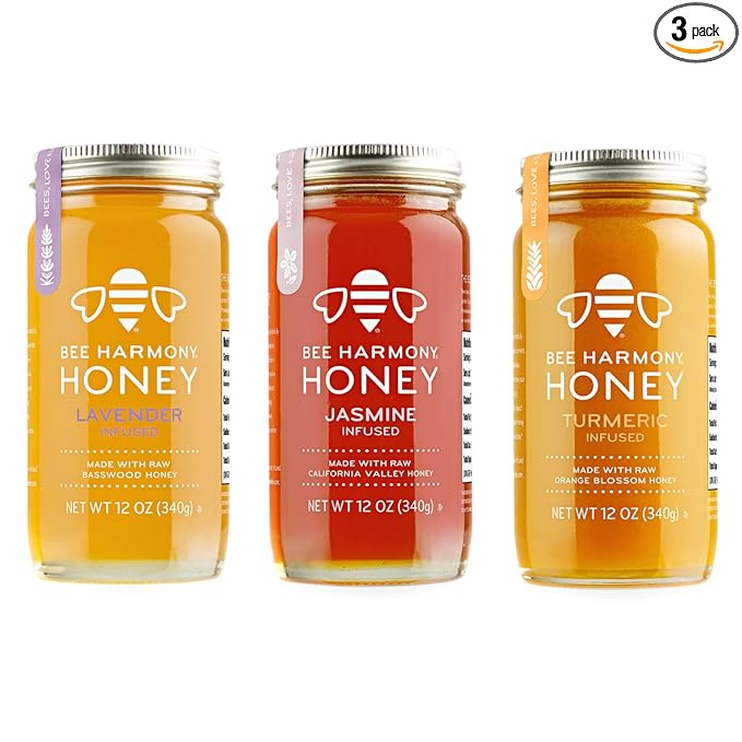 Bee Harmony Floral Infused Raw Honey Variety Pack (Lavender Jasmine and Turmeric) 12 OZ each