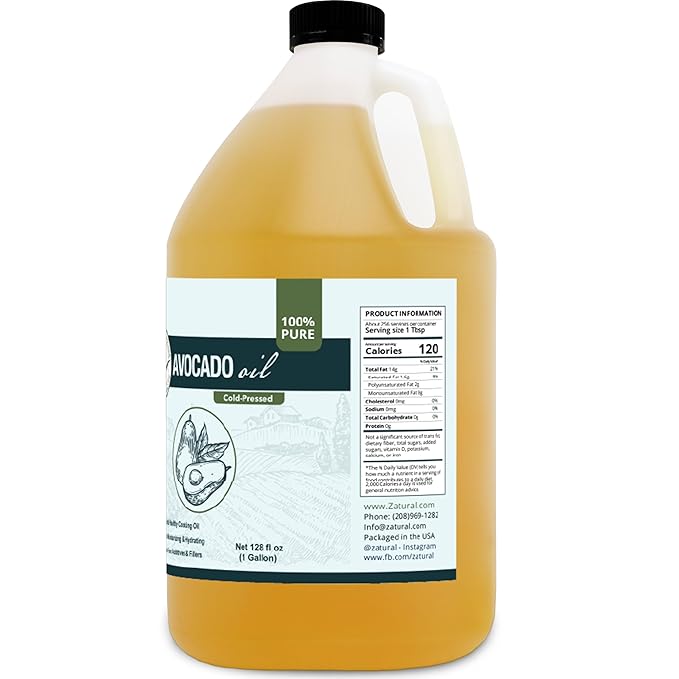 Zatural 100% Avocado Oil Pure Natural without Additives Clean Cold Pressed Non-GMO Vegan: For Cooking Frying Baking and for Sauces Dressings Marinades Salads (1 Gallon)