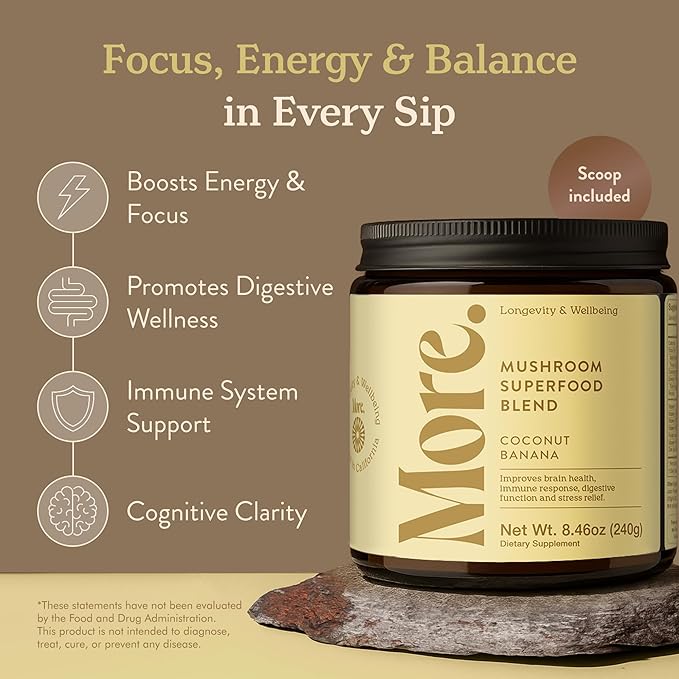 More. Longevity &amp Wellbeing Premium Mushroom Supplement Superfood with Natural Caffeine – 7 Functional Mushrooms Extracts with Lion’s Mane Supplement Reishi Chaga &amp Ashwagandha Extract for E