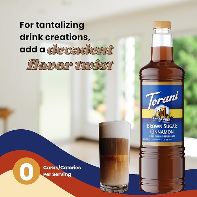 Torani Sugar Free Brown Sugar Cinnamon Coffee Syrup 1 Liter Bottle with Pump Dispenser – Zero Calorie Flavored Syrup for Lattes Cold Brews Teas Cocktails &amp Desserts – Keto Friendly