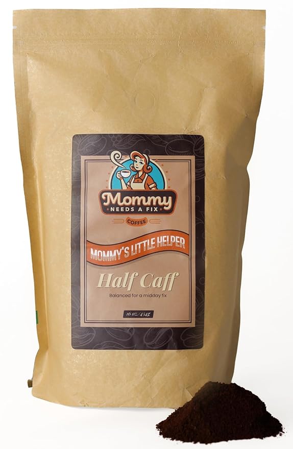 Mommy Needs A Fix Half Caff Ground Coffee | 100% All Natural Arabica Beans | Medium Roast | Chemical Free Swiss Water Process | Pregnancy &amp Breastfeeding Friendly | Roasted in the USA | 1 lb