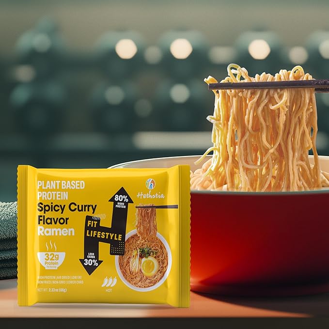 Hethstia Protein Ramen Spicy Curry Flavor 6-Pack Instant Noodle Soup 32g Plant-Based Protein Vegan Low Fat Non-GMO Healthy High Protein Ramen Meal