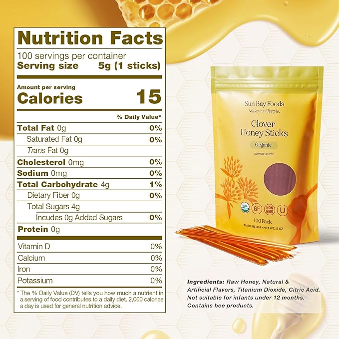 Sunbay Foods Honey Sticks Organic Clover Raw Honey Straws 100% Pure Natural Sweetener for Tea Coffee Snacks and On-the-Go Energy Non-GMO Daily Wellness Support-Made in the USA (100 Count))