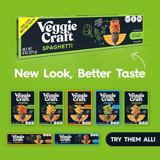 Veggiecraft Farms Spaghetti Pasta - Gluten Free Thin Pasta Noodles Made with Cauliflower Lentil &amp Peas Low Carb High Protein Vegan Healthy Pasta Plant Based High Fiber - 8 Oz (Pack of 12)