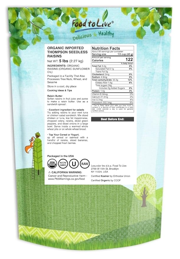 Food to Live Imported Organic Raisins 5 Pounds — Sun Dried Thompson Seedless Select Grapes Non-GMO Raw No Sugar added Pesticide-Free Kosher Vegan Lightly Coated with Organic Sunflower Oil