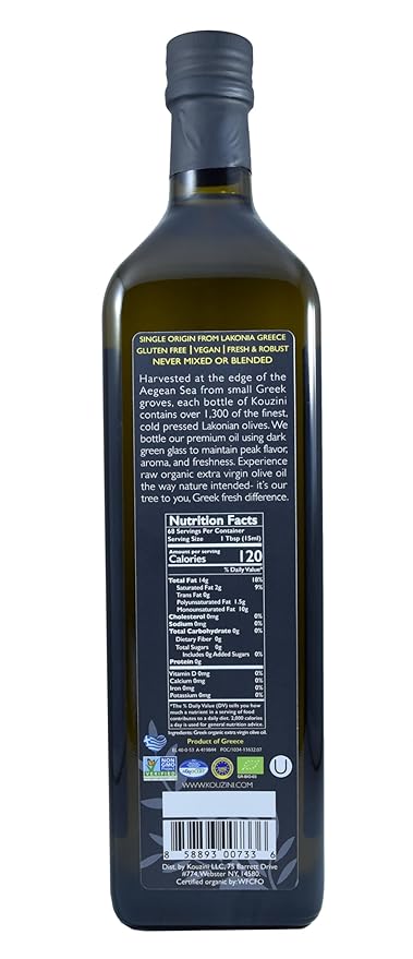 Kouzini Organic Greek Extra Virgin Olive Oil | First Cold Pressed | 1 Liter (34 fl oz) Current Harvest | NYIOOC award Winner | Single Origin | Family Owned