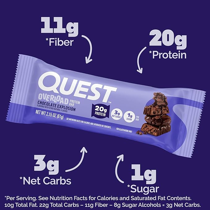 Quest Nutrition Overload Protein Bars Chocolate Explosion 20g Protein 1g Sugar 3g Net Carbs Gluten Free 12 Count