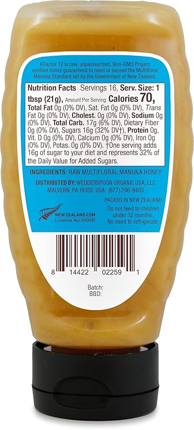 Wedderspoon Raw Premium Manuka Honey KFactor 12 12 Oz Unpasteurized Genuine New Zealand Honey Non-GMO Superfood Traceable from Our Hives to Your Home Convenient Squeeze Bottle