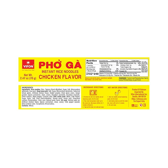 VIFON Phở Gà Instant Rice Noodles Chicken Flavor Bowl (70 g) (Pack of 12) | Authentic Vietnamese Chicken Pho | Halal Certified | Ready in 3 Minutes | Product of Vietnam