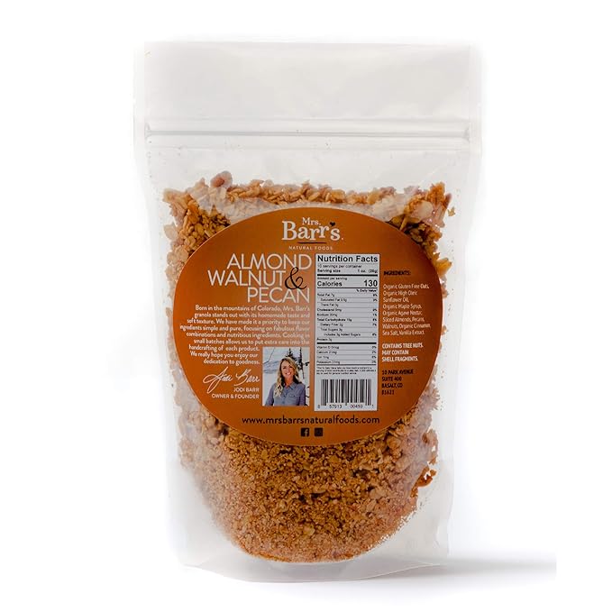 Mrs. Barr’s Natural Foods Granola | Almond Walnut &amp Pecan | Certified Organic Gluten Free Oats | Soft Texture | Small Batch | Gourmet Quality | Real Ingredients | 10 Ounces (3 Pack)