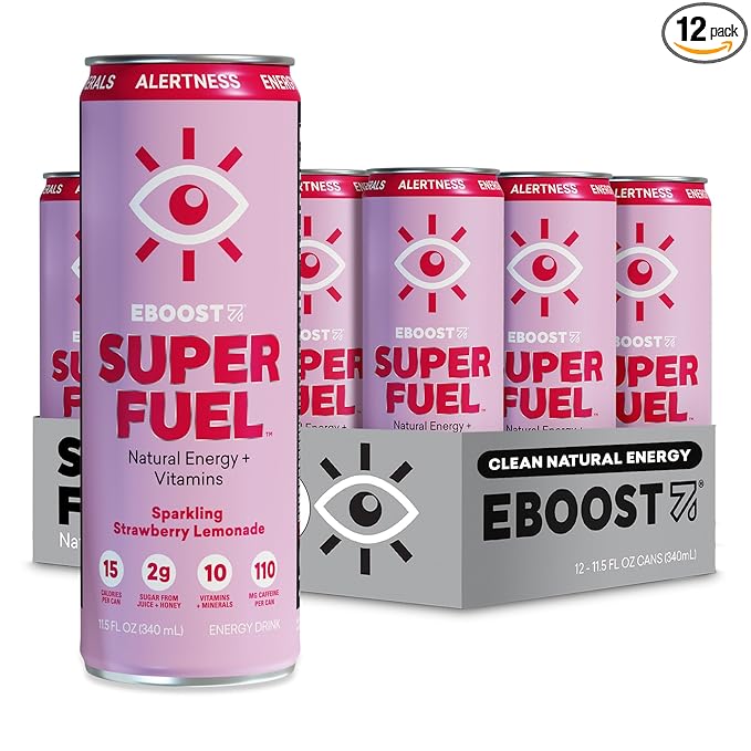 EBOOST SUPER FUEL Healthy Energy Drink - Strawberry Lemonade: 12 Healthy Energy Drinks - Focus &amp Productivity - 110 mg Caffeine + Nootropics &amp Electrolytes - No Sucralose Taurine Artificial
