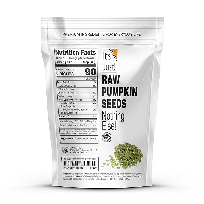 It's Just - Pumpkin Seeds (Pepitas) No Shell Keto Friendly Snacking Non-GMO Packed in USA (Raw/Unsalted 15 Ounce)