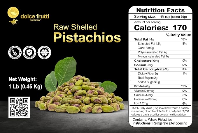 Dolce Frutti Raw Shelled Pistachios- 1 Lb Organic No Shells Unsalted Kernels Non-GMO Crunchy Pistachio Nuts Healthy Snacks Perfect for Baking &amp Cooking