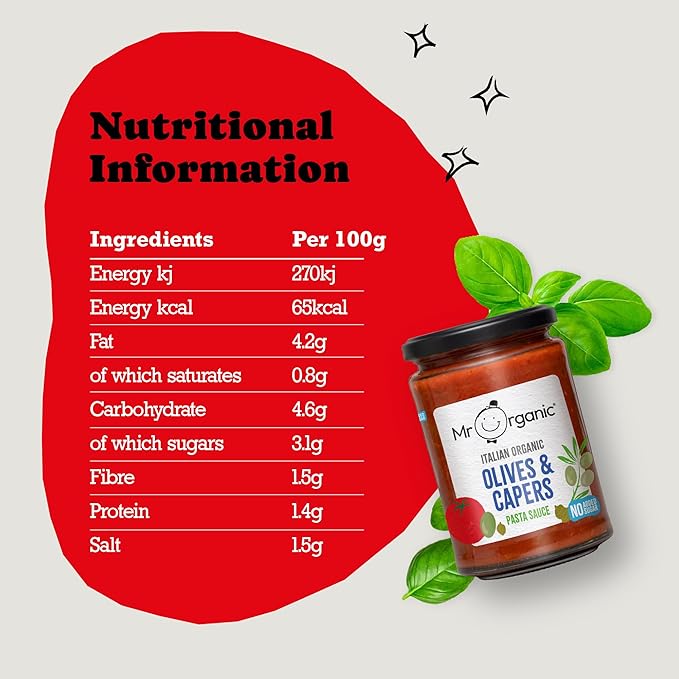 Mr Organic - No Added Sugar Olives &amp Capers Pasta Sauce 350g - Non-GMO - No Artificial Preservatives or Colours - Rich &amp Delicious Flavour
