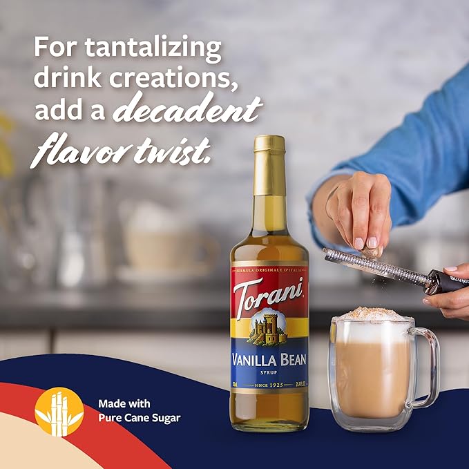 Torani Vanilla Bean Coffee Syrup for Drinks &amp Desserts Glass Bottle 4-Pack Pumps Included 25.4 Fl Oz Ea